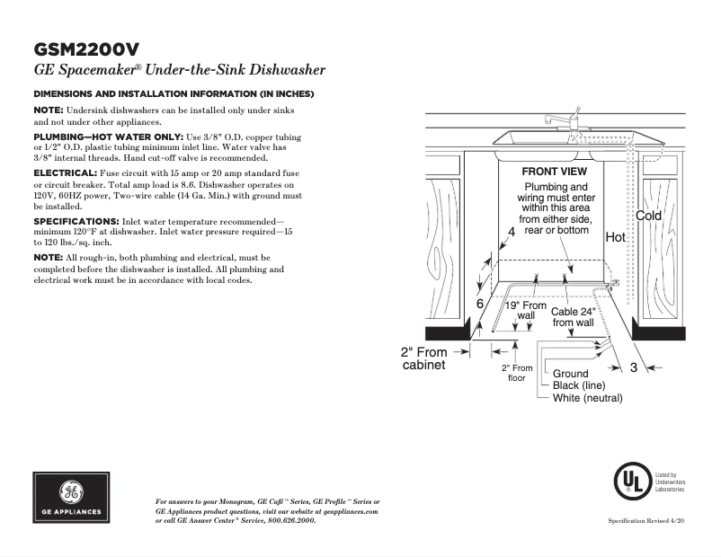 Page 1 de la notice Fiche technique GE Spacemaker GSM2200VWW