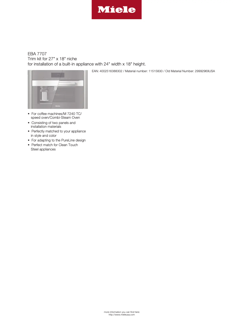 Page 1 de la notice Fiche technique Miele EBA 7707