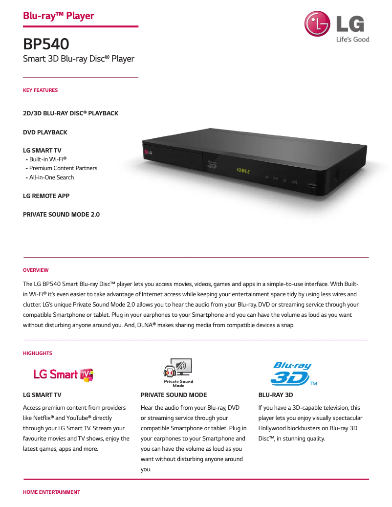 Page 1 de la notice Fiche technique LG BP540