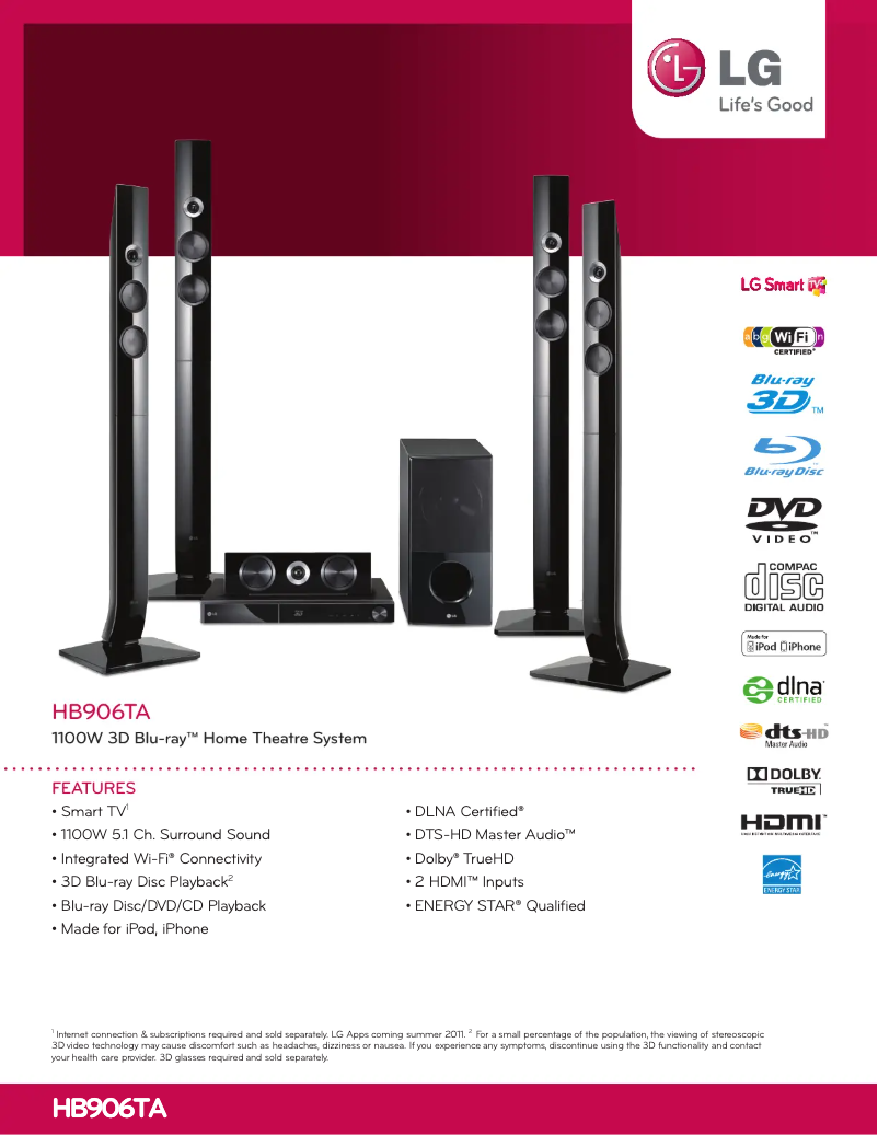 Page 1 de la notice Fiche technique LG HB906TA