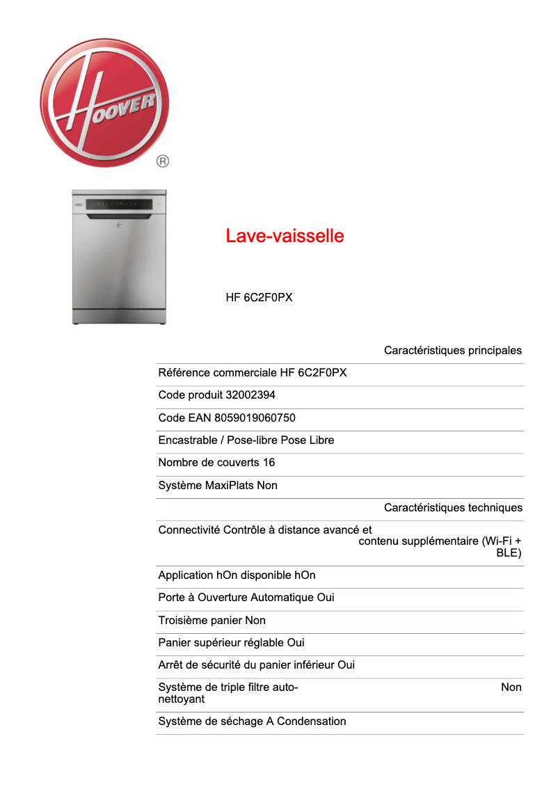 Imagen de la primera página del manual del dispositivo HF 6C2F0PX