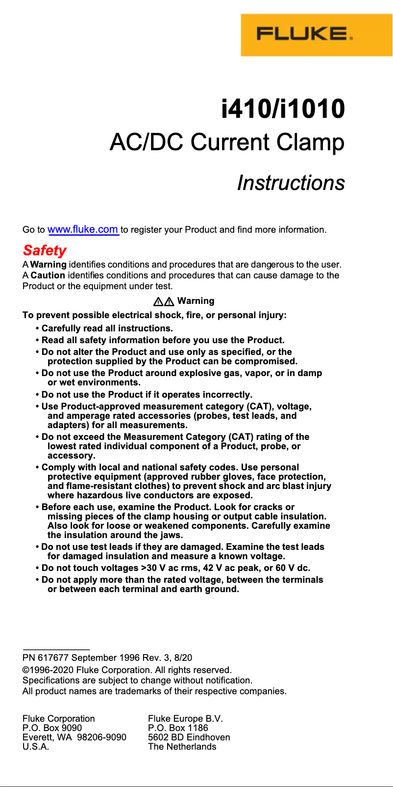 Page 1 de la notice Manuel utilisateur Fluke i1010