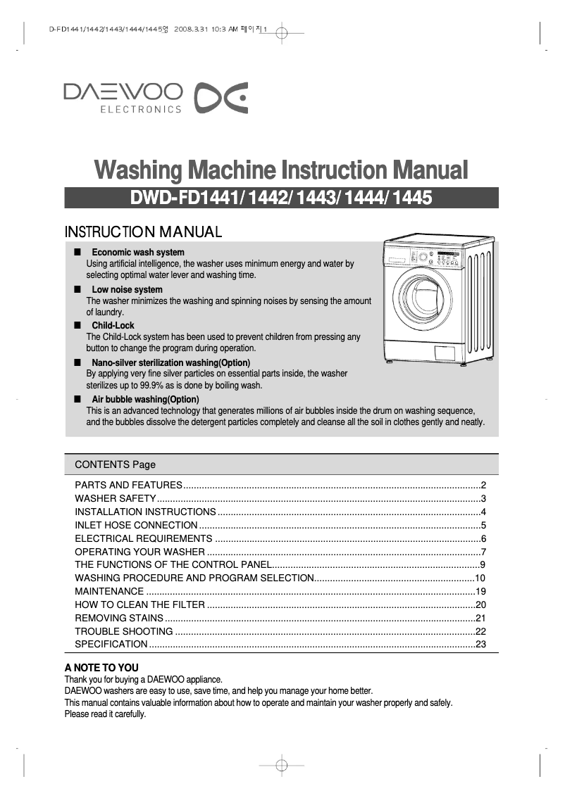 Page 1 de la notice Manuel utilisateur Daewoo DWDG1441