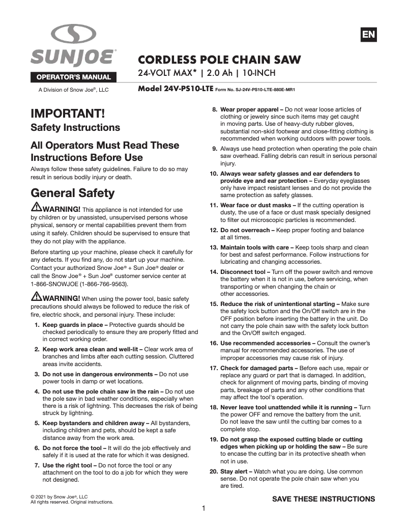 Page 1 de la notice Manuel utilisateur Sun Joe BDL-A0203