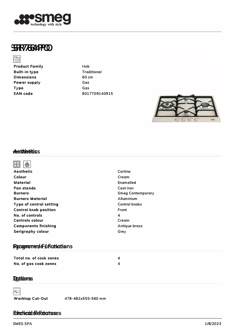 Page 1 de la notice Fiche technique Smeg SR764PO