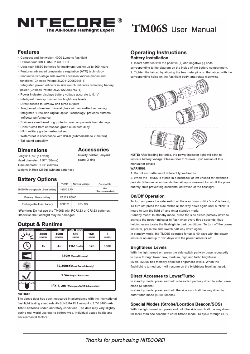 Page 1 de la notice Manuel utilisateur Nitecore TM06S