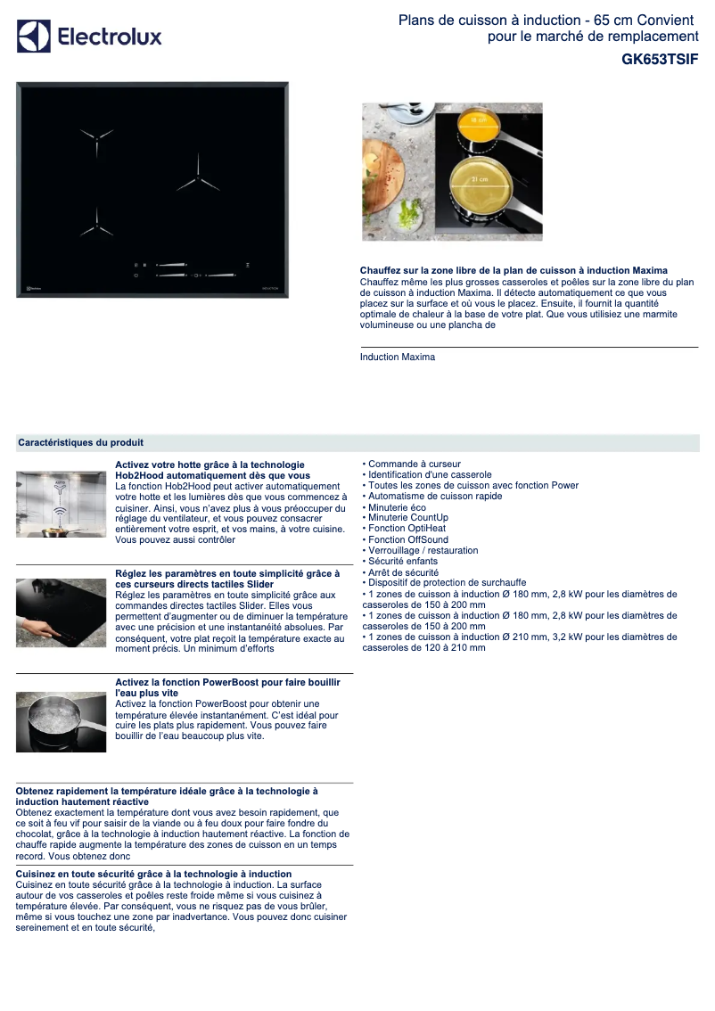 Page 1 de la notice Fiche technique Electrolux GK653TSIF