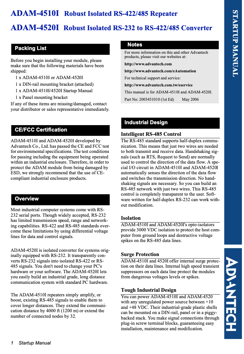Page 1 de la notice Manuel utilisateur B&B Electronics ADAM-4520I