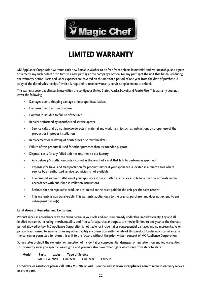 Página 1 del manual Información de garantía Magic Chef MCSTCW09W1