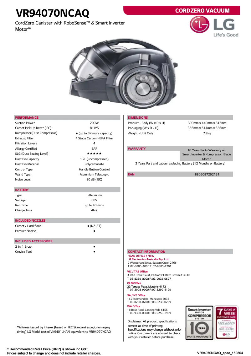 Página 1 del manual Ficha técnica LG VR94070NCAQ