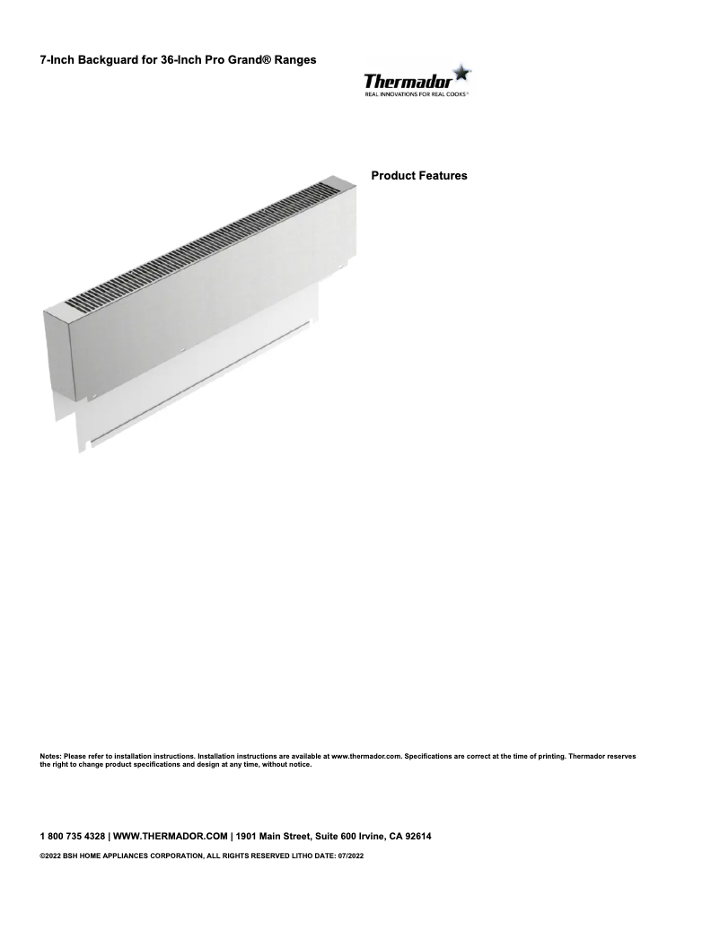 Page 1 de la notice Fiche technique Thermador PA36WLBG