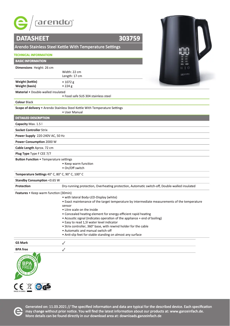 Page 1 de la notice Fiche technique Arendo Aesthet 304895