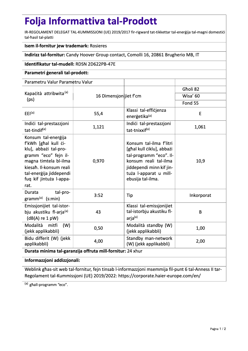 Page 1 de la notice Fiche technique Rosieres RDSN 2D622PBE