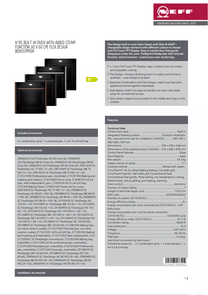 Page 1 de la notice Fiche technique Neff B69VS7MY0A