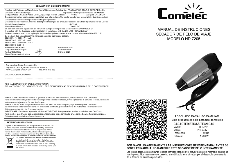Page n°1 - Manuel utilisateur Comelec HD 7205