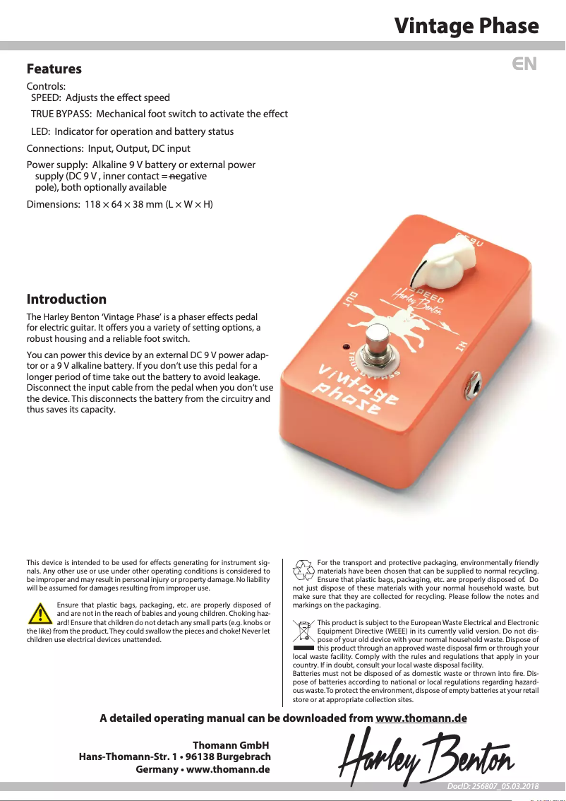 Page 1 de la notice Fiche technique Harley Benton Vintage Phase