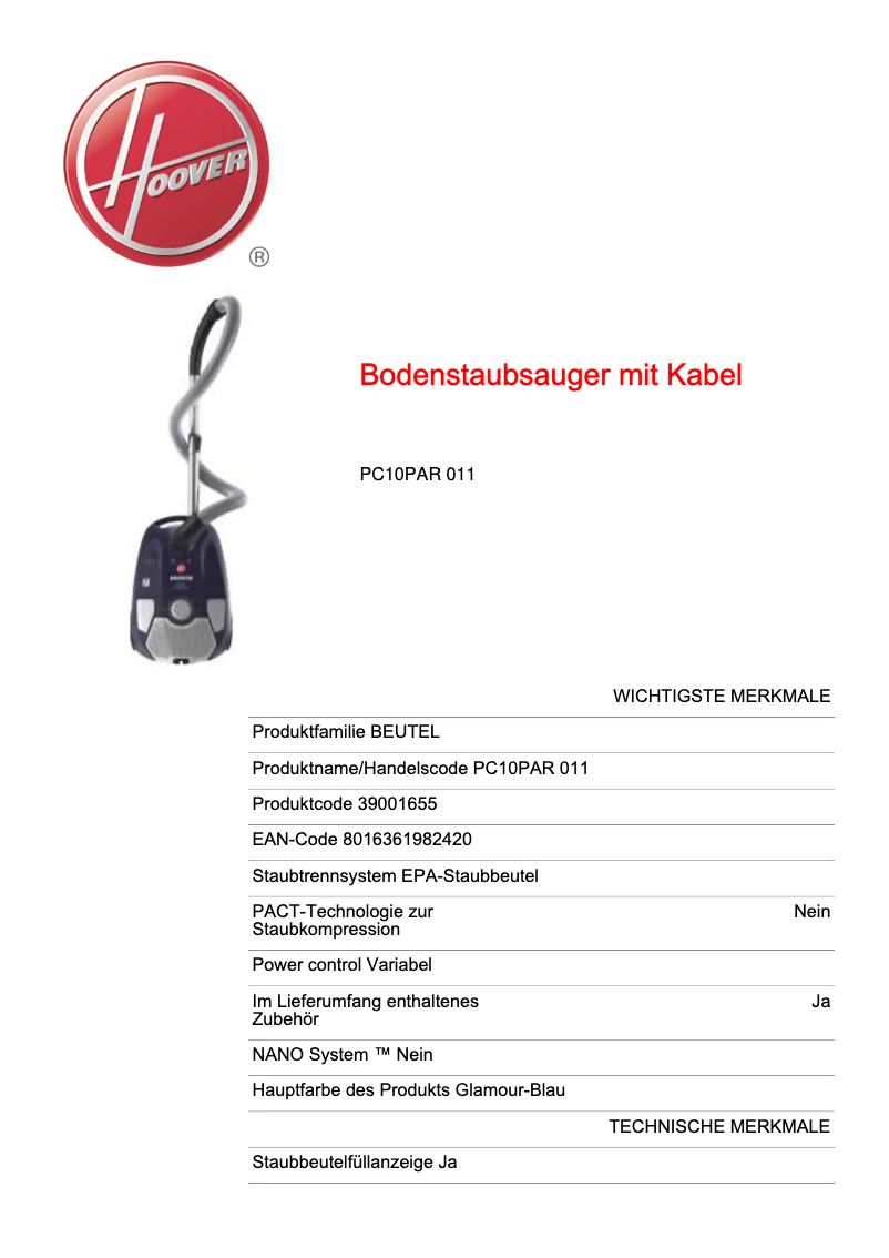 Page 1 de la notice Fiche technique Hoover PC28PET 011
