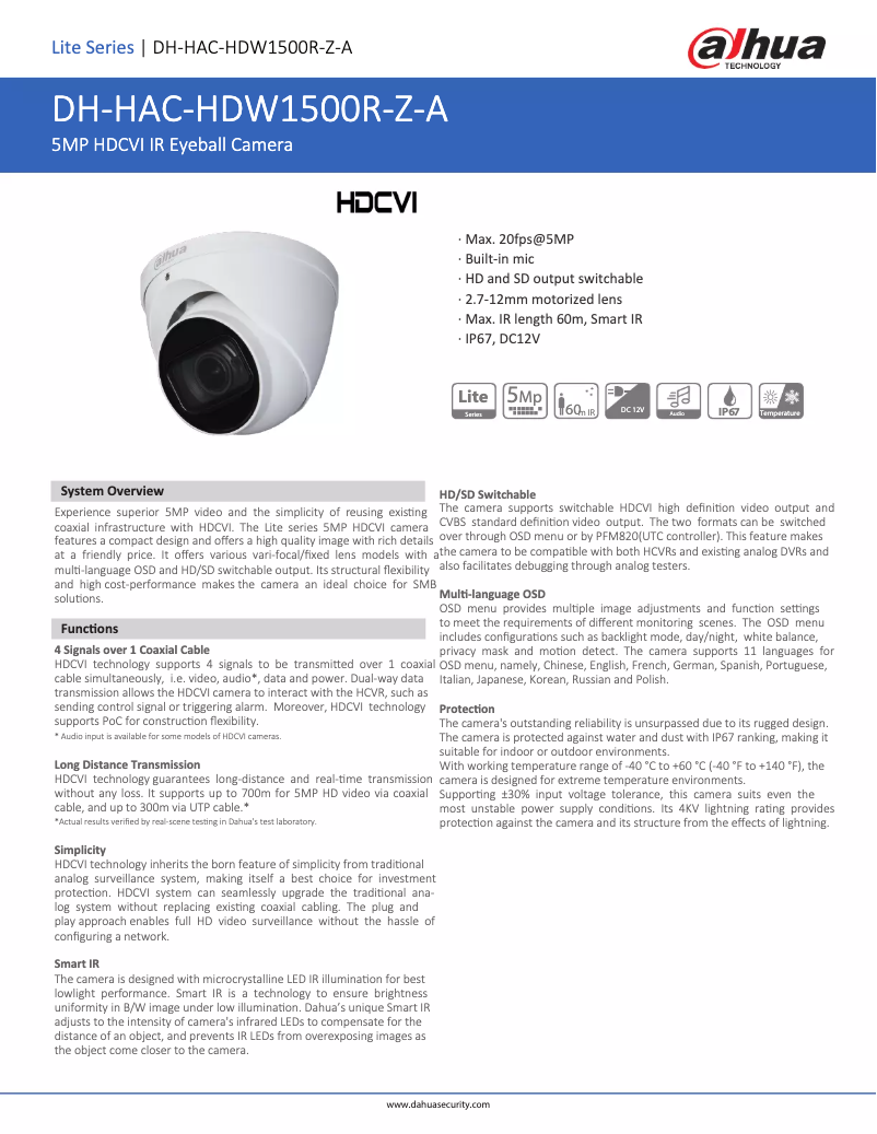 Page n°1 - Fiche technique Dahua Technology HAC-HDW1500T-Z-A