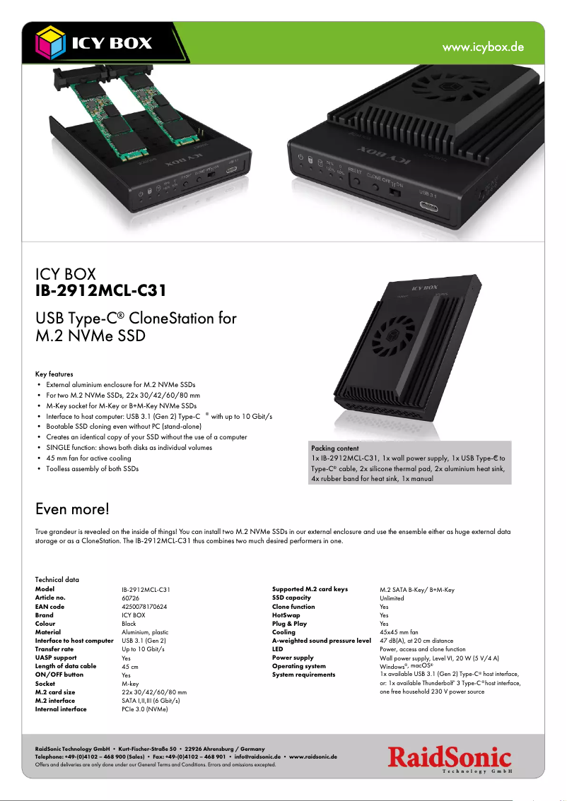 Page 1 de la notice Fiche technique Icy Box IB-2912MCL-C31