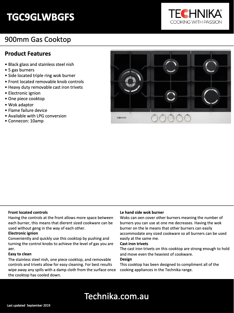Page 1 de la notice Fiche technique Technika TGC9GLWBGFS