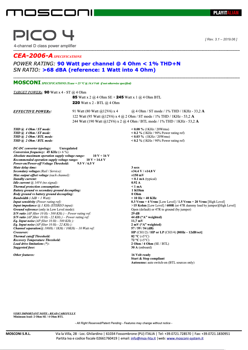 Page 1 de la notice Fiche technique Mosconi Gladen Pico 4