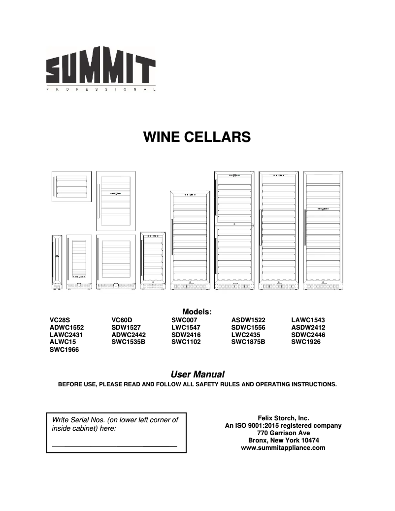 Page n°1 - Manuel d'utilisation et d'entretien Summit SWC1875B