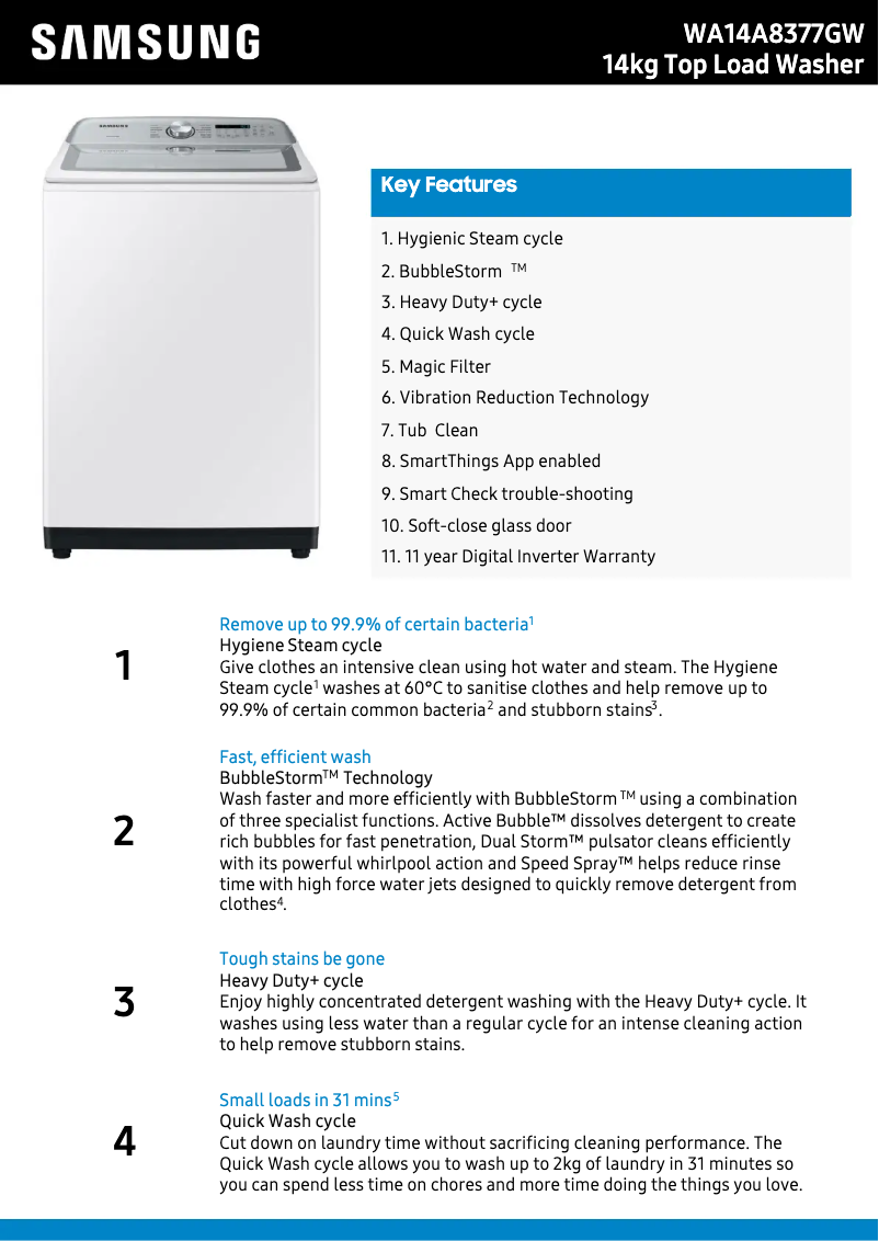 Page 1 de la notice Fiche technique Samsung WA14A8377GW