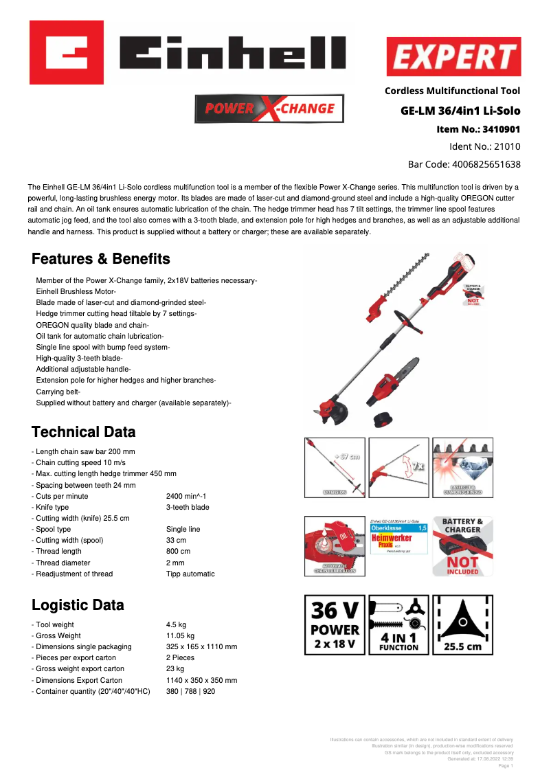 Page 1 de la notice Fiche technique Einhell GE-LM 36/4in1 Li