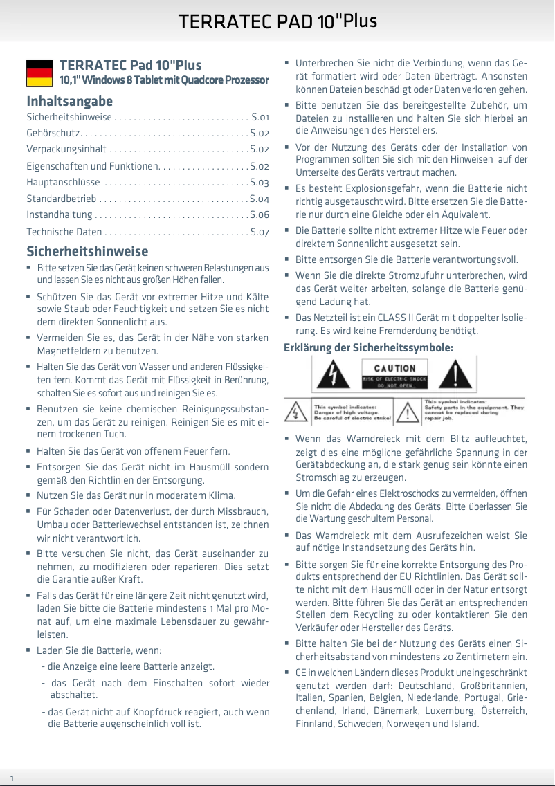 Page 1 de la notice Manuel utilisateur Terratec Pad 10" Plus