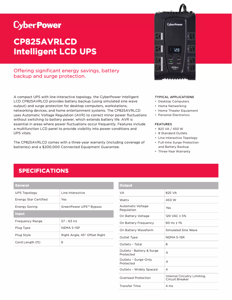 Página 1 del manual Ficha técnica CyberPower CP825AVRLCD