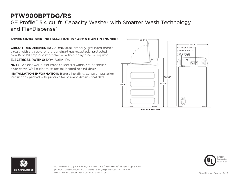 Page 1 of the manual Technical Sheet GE PTW900BPTRS