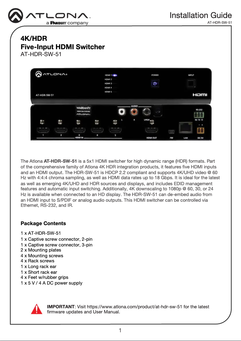 Page n°1 - Guide d'installation Atlona AT-HDR-SW-51