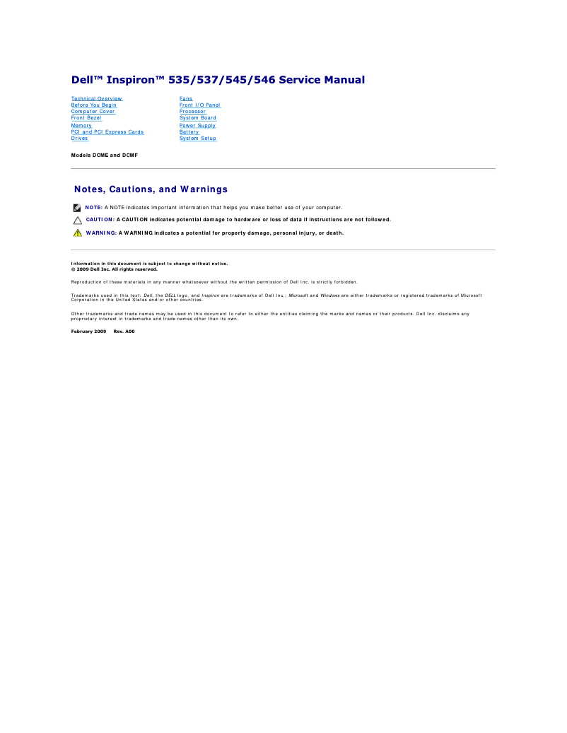 Image de la première page du manuel de l'appareil Inspiron 537