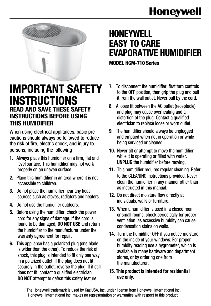 Page 1 de la notice Manuel utilisateur Honeywell HCM710