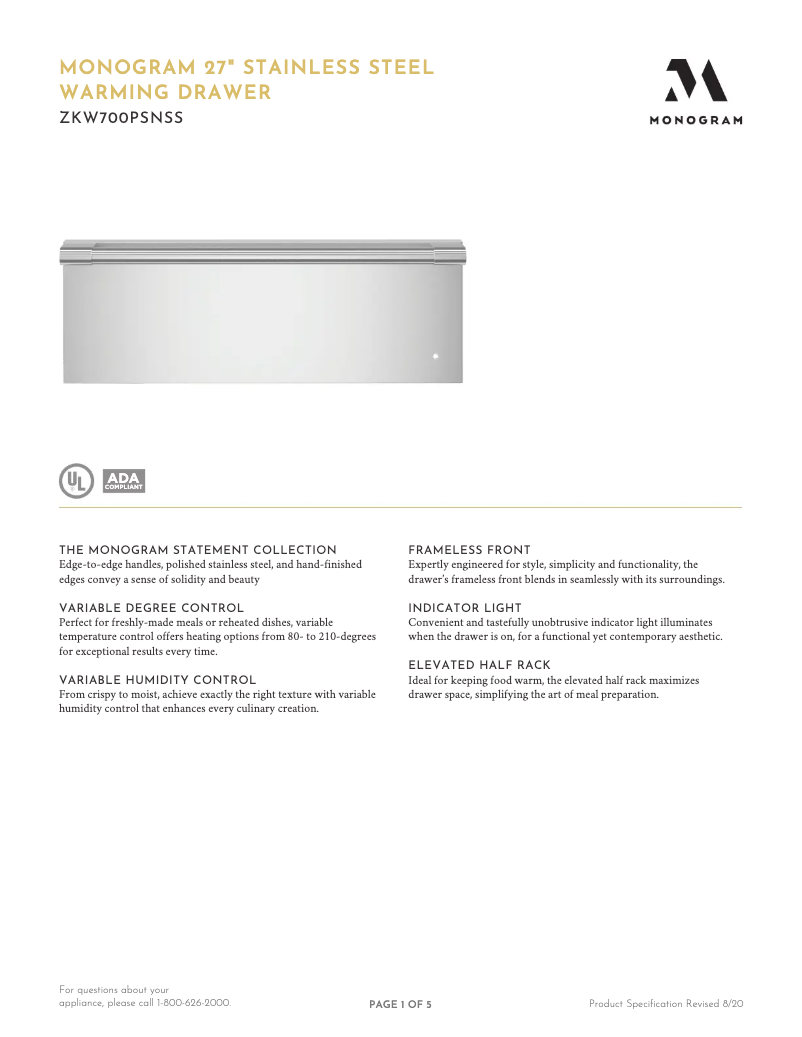 Page 1 de la notice Fiche technique Monogram ZKW700PSNSS