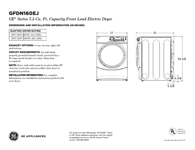 Page 1 de la notice Fiche technique GE GFDN160EJWW