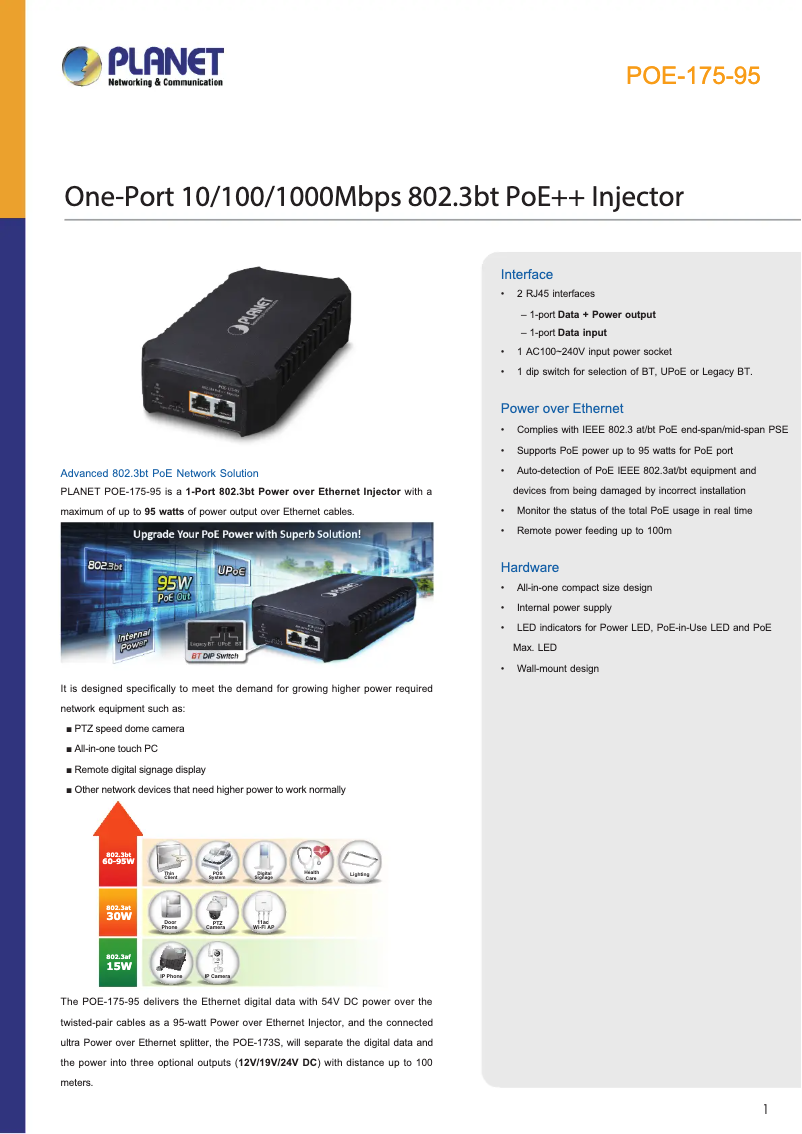 Page 1 de la notice Fiche technique Planet POE-175-95