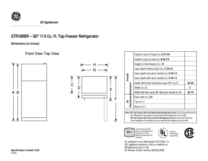 Page 1 de la notice Fiche technique GE GTR18BBRCC