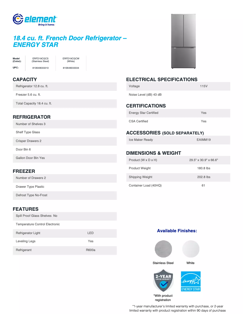 Page 1 de la notice Fiche technique Element ERFD19CGCW