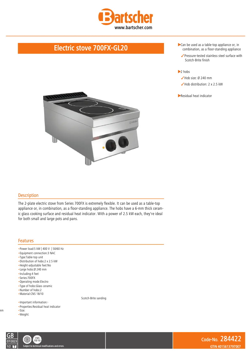Page 1 de la notice Fiche technique Bartscher 700FX-GL20