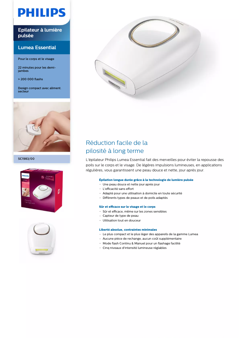 Page 1 de la notice Fiche technique Philips Lumea Essential SC1983