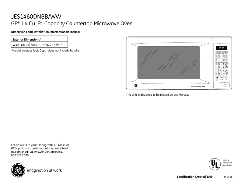 Page 1 of the manual Technical Sheet GE JES1460DNBB