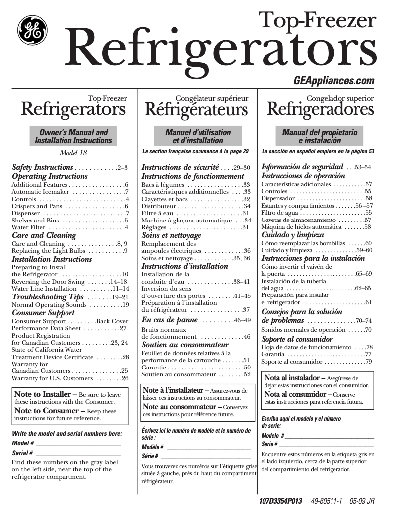 Page n°1 - Manuel d'utilisation et d'entretien GE GTS18JCPBB