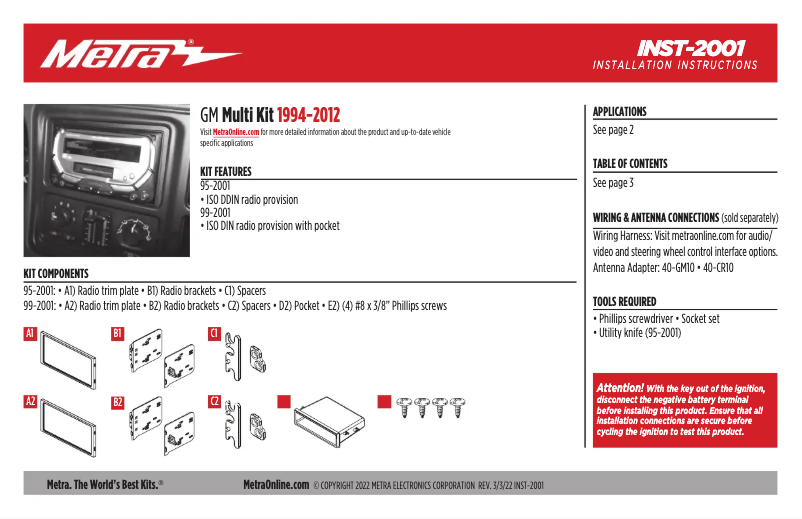 Page n°1 - Guide d'installation Metra 95-2001