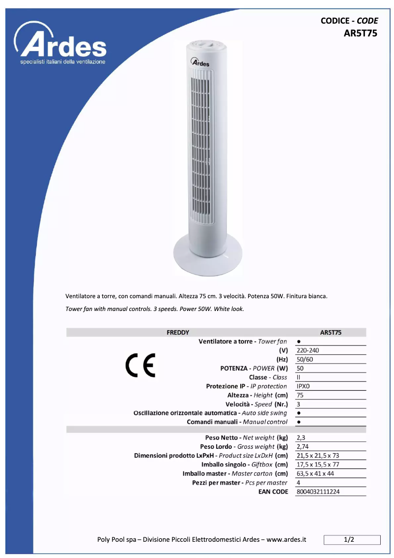 Page n°1 - Fiche technique Ardes AR5T75