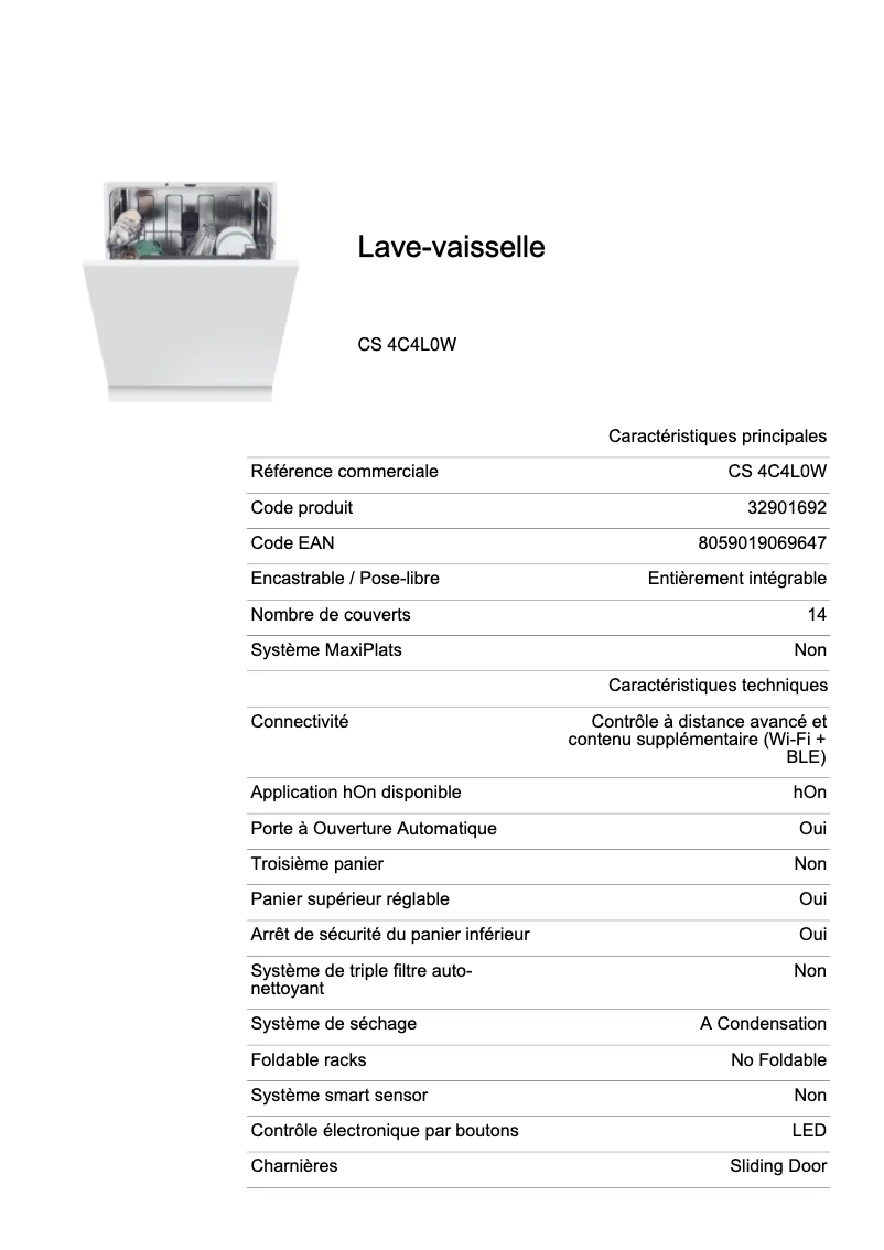 Page 1 de la notice Fiche technique Candy CS 4C4L0W