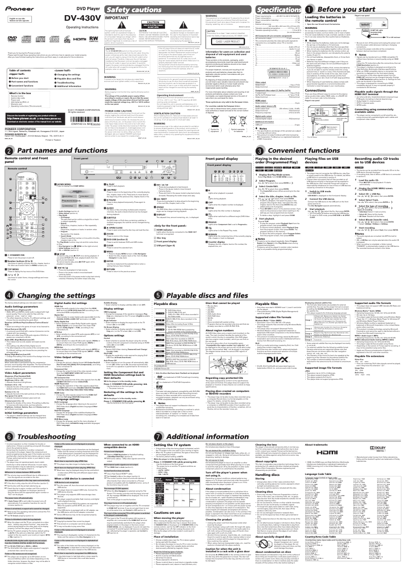 Page n°1 - Manuel utilisateur Pioneer DV-430V