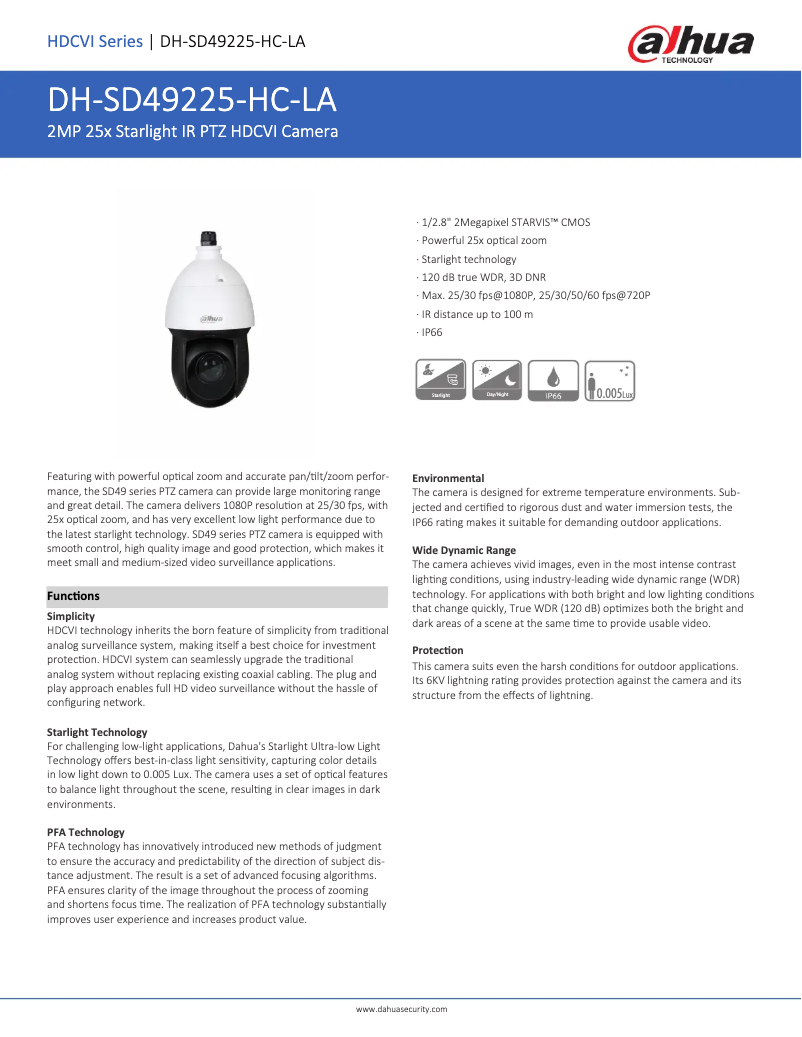 Page 1 de la notice Fiche technique Dahua Technology SD49225-HC-LA