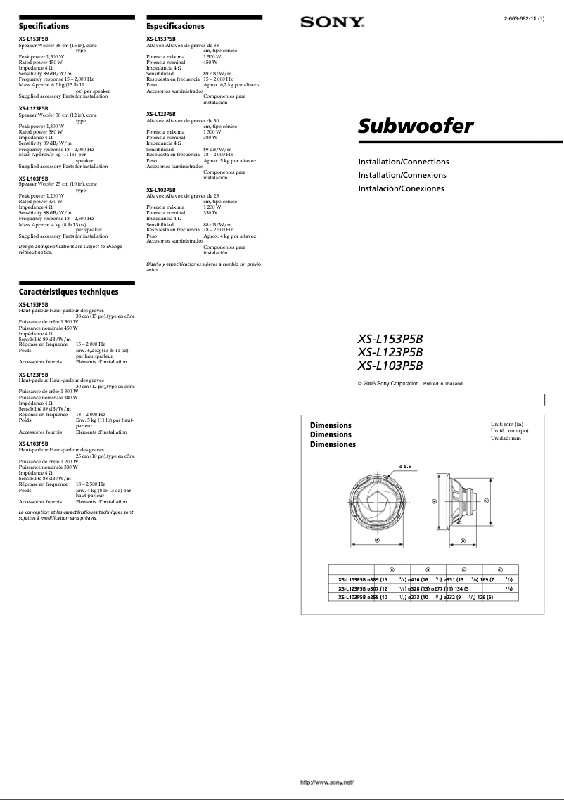 Page 1 de la notice Guide d'installation Sony XS-L103P5B