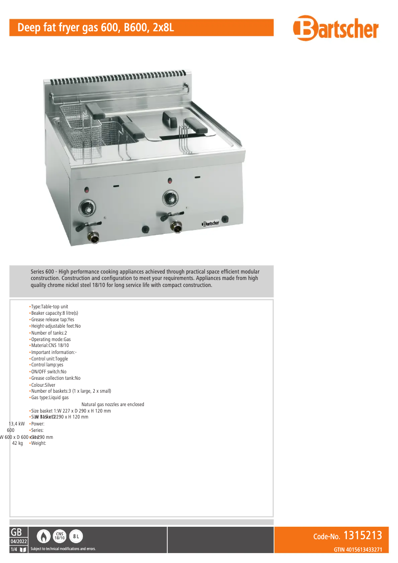 Page n°1 - Fiche technique Bartscher 132255